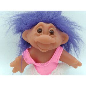 Vtg Norfin Dam Troll Doll Ballerina With Purple Hair & Pink Tutu Dress 5"